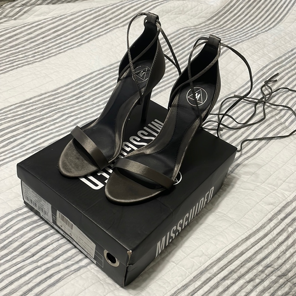 Misguided Grey SatinLace Up Barely There Heels